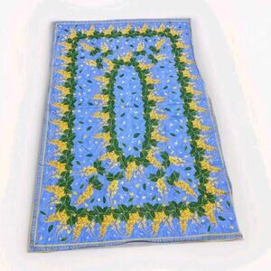 Vent du Sud Signed Tablecloth Blue Yellow Mimosas France 55x 84" Vintage France